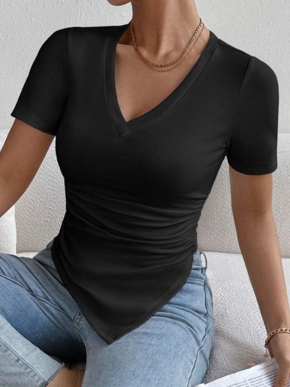 Black Ruched Side Hanky Hem Tee
